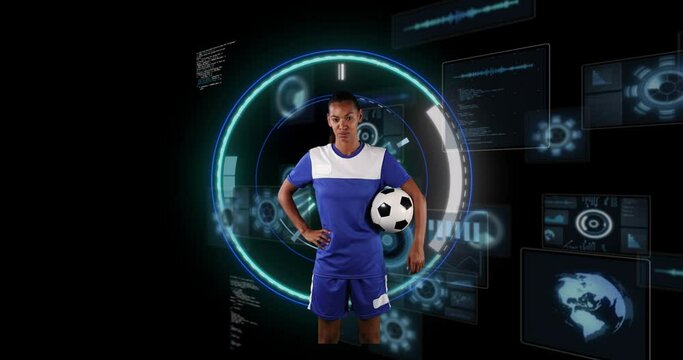 Animation of african american female football player over scope scanning on black background