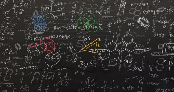 Animation of molecules and chemistry icons with school items icons on black background