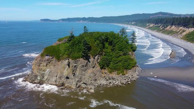 Aerial drone view of the Pacific ocean as seen at Ruby Beach near Olympic National Park in Washington state. 