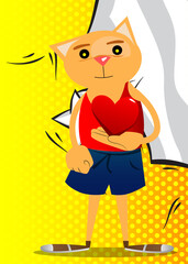 Funny cartoon cat holding red heart in his hand. Vector illustration. Cute orange, yellow haired young kitten.