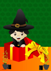 Kids dressed for Halloween in a gift box. Vector cartoon character illustration of kids ready to Trick or Treat.