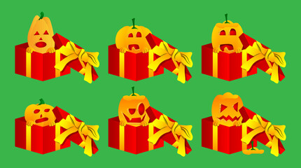 Fototapeta premium Decorative pumpkin for Halloween in a gift box as a cartoon character with face. Vector Illustration.