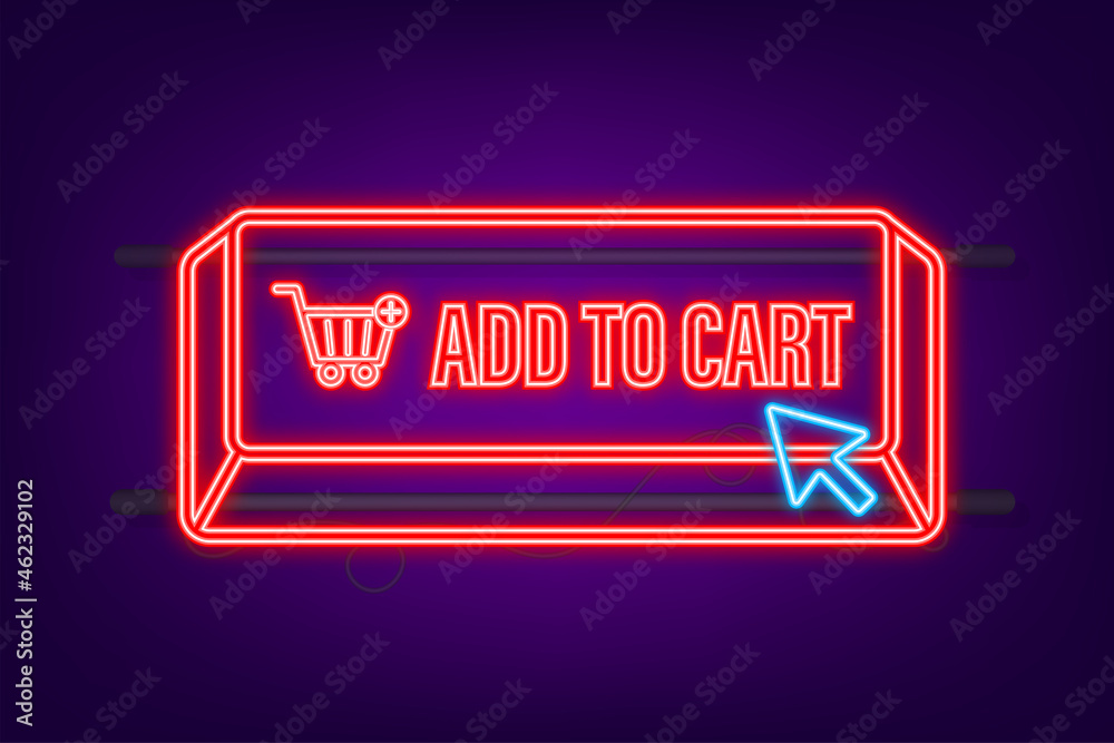 Sticker Add to cart neon icon. Shopping Cart icon. Vector stock illustration