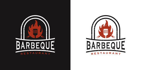 BBQ retro vintage design logo with spatula logo and fire concept in combination