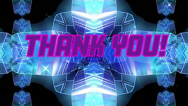 Animation of thank you text over blue shapes on black background