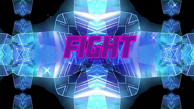Animation of fight text over blue shapes on black background