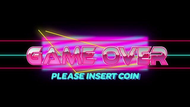 Animation of game over text over light trails and purple shape on black background