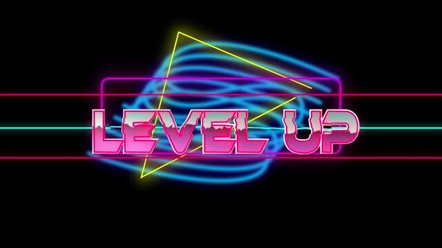 Animation of level up text over light trails on black background