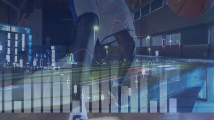 Animation of financial data processing over basketball player and cityscape - Powered by Adobe