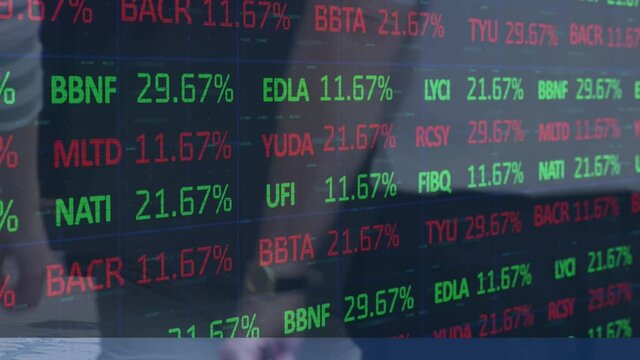 Animation of stock market over diverse people walking on street