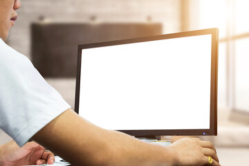 Office worker sitting at desk with blank computer screen. with clipping paths and copy space