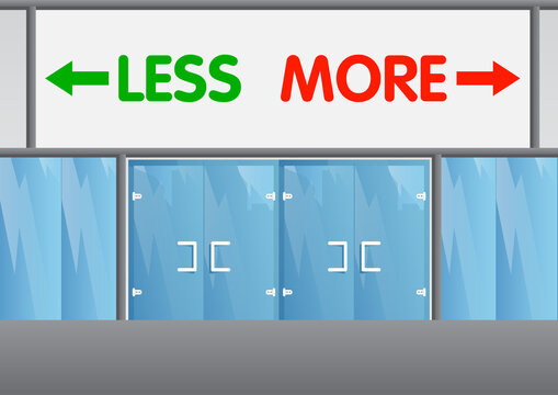 More and Less text with arrow with front door background. Bar, Cafe or drink establishment front with poster.