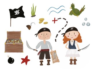 Collection of pirates illustrations for kids. Decor, design. 