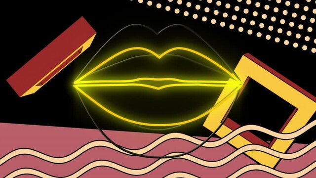 Animation of rotating squares, waves and neon lips on black background