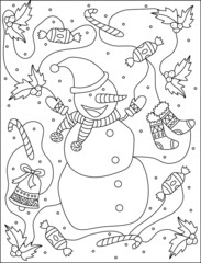 Coloring Page Outline of Snowman at Christmas Holiday. Merry Christmas Holiday. Coloring book for kids