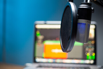Obraz na płótnie Canvas Workplace recording podcasts home office for broadcast speak.Equipment talk studio