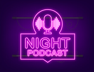 Night Podcast neon icon, vector symbol in flat isometric style isolated on white background. Vector stock illustration