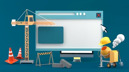 Under construction concept design for website with crane,cement mixer and construction material on blue background.-3d rendering...