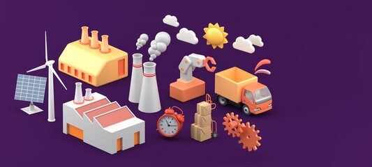 Industrial factory and production line isometric network on a purple background.-3d rendering.