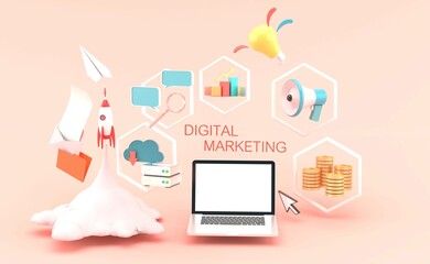 Digital marketing concept for banner. design with laptop , rocket , chart , money ,promotion and idea on a pink background.-3d rendering..