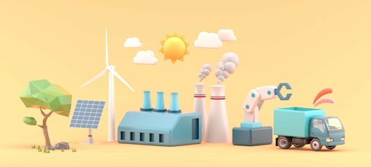 Industrial factory and production line isometric network on a yellow background.-3d rendering.