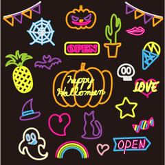 蛍光管のネオンサイン風夜のハロウィンパーティー素材セット