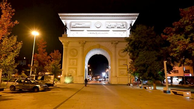 Skopje, city centre by night. North Macedonia, Europe. Gate Macedonia.