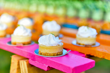 lemon tarts on a colorful table, condensed milk candy 