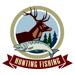 Fishing hunting logo. Deer and fish in a circle. The emblem for the hunting club. Vector graphics