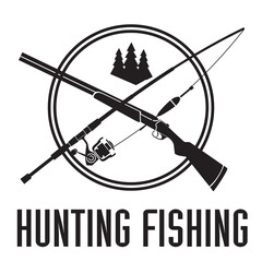 Hunting logo. Shotgun and fishing rod. Round emblem for a hunting club. Vector graphics