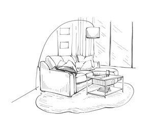 Illustration.Hand drawn sketch
Interior living room modern style .