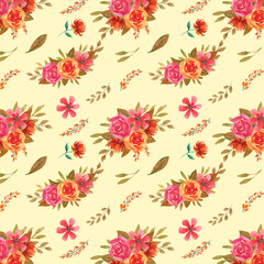 Autumn watercolor seamless floral pattern with pink and orange floral