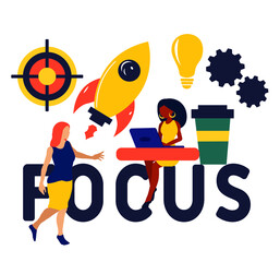 Flat design with people.  Business concept vector illustration, rocket and target, hit the target, goal achievement. FOCUS - business concept background. Stay focused.  Aim to target and purpose. 