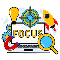 Business concept vector illustration, rocket and target, hit the target, goal achievement. FOCUS - business concept background. Stay focused. Workplace with laptop. Aim to target and purpose. 