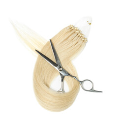 Micro loop ring beads straight blonde human hair extensions with a pair of scissors
