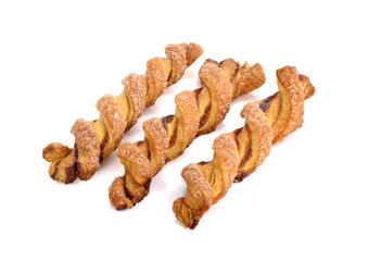 Spiral bread sticks with cheese on white background