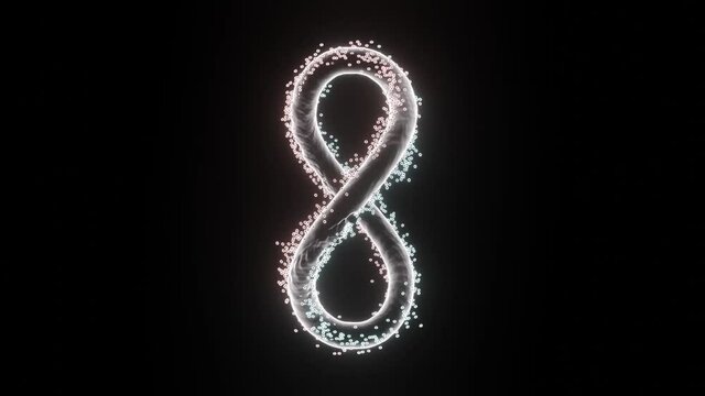 Colored infinity sign spinning isolated on black background, seamless loop. Design. A symbol of the endlessness spinning with the energy flow of tiny particles.