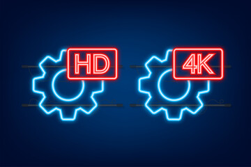 HD and 4k video settings sign. Neon icon. Vector stock illustration
