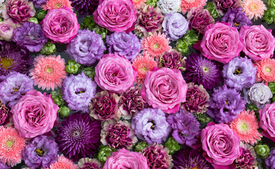 Composition of pink, purple and green flowers