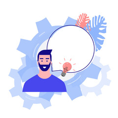 Idea de pensamiento de una persona hombre con globo de pensamiento vacío. Añadir texto. Concepto de idea y pensamiento. Ilustración vectorial
