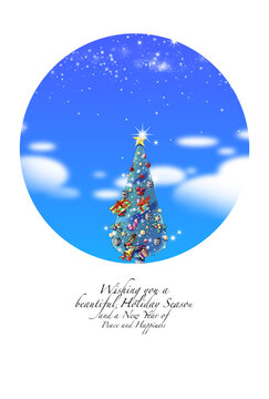クリスマスカード ハガキテンプレート青い空とクリスマスツリー