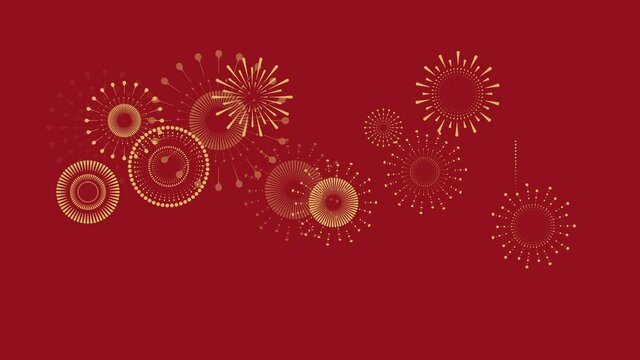 Chinese New Year background with golden fireworks on red background. Flat style design. Concept for holiday banner, Chinese New Year Celebration loop background decoration.