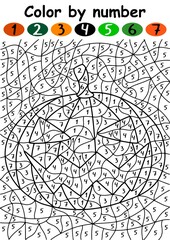 Halloween pumpkin color by number vector illustration. Cartoon hand-drawn Jack O'Lantern activity page for children vector. Educational number game for kids vertical printable worksheet vector