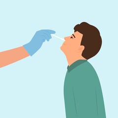 Man receiving a covid19 coronavirus or DNA testing by medical staff, doctor or nurse.PCR test, influenza check, nasal swab laboratory test diagnosis of influenza.  Flat Vector Illustration. - obrazy, fototapety, plakaty