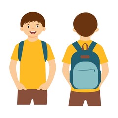School bag. A schoolboy stands with a backpack. Front and back views.