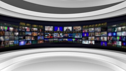 Tv studio. News room. Studio Background. Control room. White studio. Newsroom bakground. Loop. 3D rendering.
