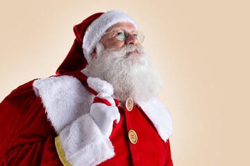 Santa Claus on pastel background with copy space. Banner art.