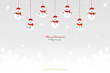 Fototapeta na wymiar Christmas snowmen and falling snowflakes on light grey background.