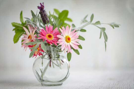 Collection of fresh flowers picked from cottage garden in small vase