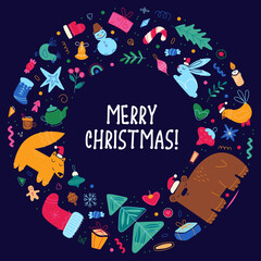 Set of Merry Christmas holiday elements, Happy New Year collection, frame cute illustration, round composition. Vector